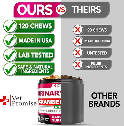 Dog UTI Chews - Advanced Cranberry Supplement for Dogs - Bladder Control - Urinary Tract Support - Cranberry Supplement Vitamins Multivitamin Chews - Made in USA
