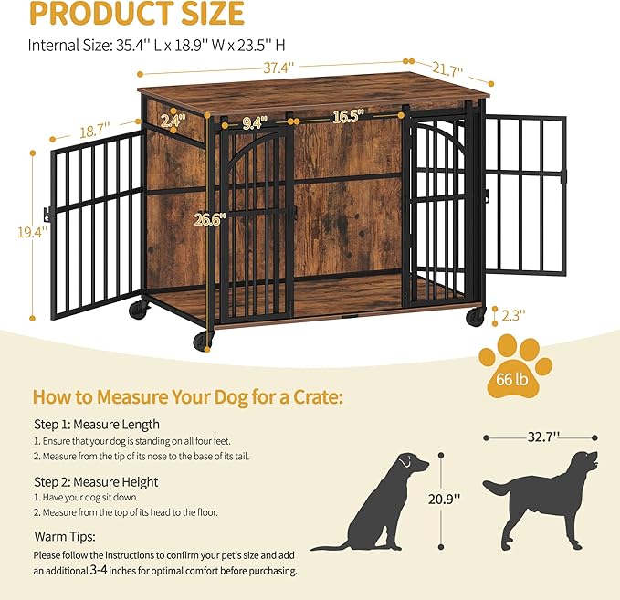 Hzuaneri 37.4" Dog Crate Furniture with Wheels, Wooden Pet Cage Indoor with Barn Door, L Dog Kennel Heavy Duty, Decorative Pet Crate for Small/Medium Dogs, End Table TV Stand, Rustic Brown DFC86201B