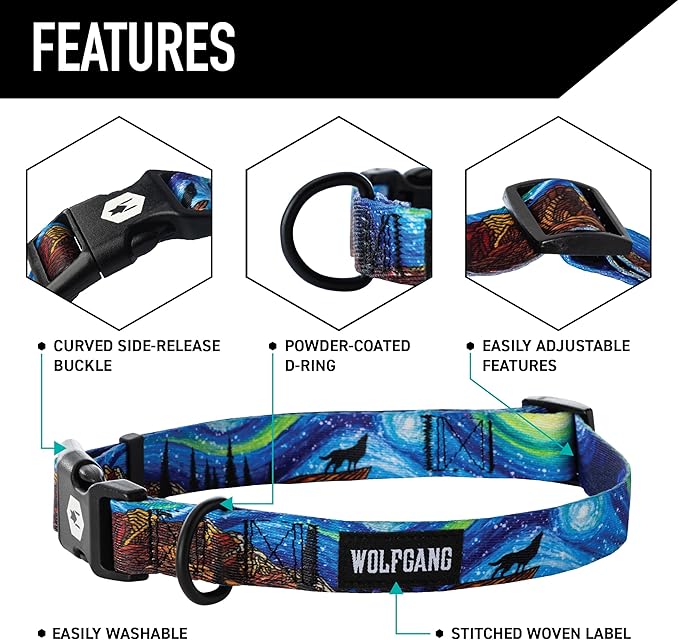 Wolfgang Heavy Duty Martingale Dog Collar with Quick Release Nylon Buckle for Walking & Training, StarryWolf Print, Medium