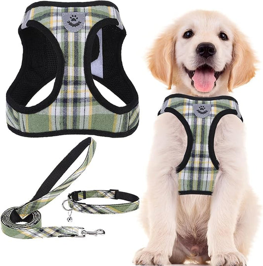 PUPTECK Adjustable Dog Harness Collar and Leash Set Step in No Pull Pet Harness for Small Medium Dogs Puppy and Cats Outdoor Walking Running, Soft Mesh Padded Reflective Vest Harnesses, Grn&YLW, L
