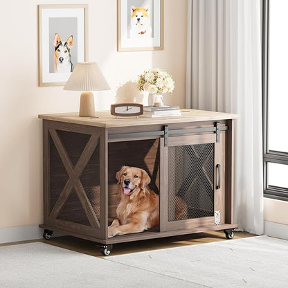 TROPOW Dog Crate Furniture,37 Inch Dog Kennel Furniture, Sliding Barn Door, Flip Top Dog Crate End Table with Removable Divider, Farmhouse Dog Cage for Small to Middle Size Dogs