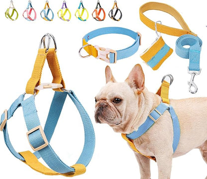 No Pull Dog Harness and Leash Set, Dog Collar, Step in Dog Halter Harness with Poop Bag Holder, Adjustable Lightweight Cotton Straps Suitable for Small Medium Large Dogs Outdoor Walking Running Hiking