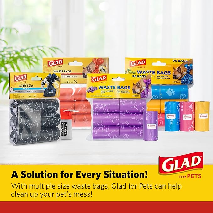 Glad for Pets Scented Waste Bags, Tear Resistant Pet Poop Pick-up Bags with Leak Protection, Fresh Lavender Scent, Purple Designs, 6 rolls, 90 bags total