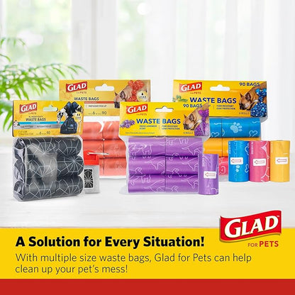 Glad for Pets Scented Waste Bags, Tear Resistant Pet Poop Pick-up Bags with Leak Protection, Fresh Lavender Scent, Purple Designs, 6 rolls, 90 bags total