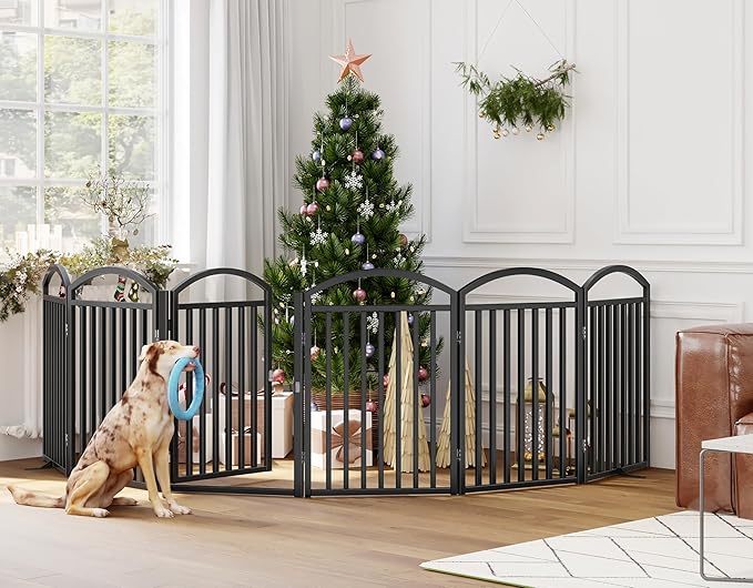 Folding No-Assembly Freestanding Dog Gate with Door,32" Heights Foldable Pet Fence,144" Extra Wide Accordion Puppy Folding Playpen for Doorways,House,Stairs (6 Panels,Black)