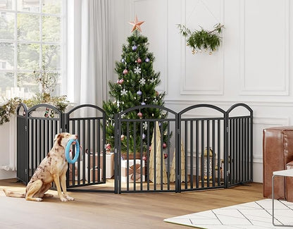 Folding No-Assembly Freestanding Dog Gate with Door,32" Heights Foldable Pet Fence,144" Extra Wide Accordion Puppy Folding Playpen for Doorways,House,Stairs (6 Panels,Black)