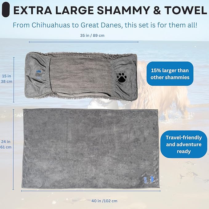 OtterPets 3 Piece Set: 2 Dog Towels and Dog Bath Brush. Dog Shammy and Microfiber Dog Towel. Super Absorbent Towels, Dog Bath Supplies, Dog Scrubber for Bath