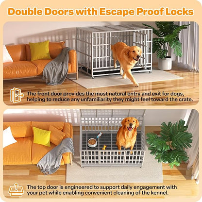 Hiwokk 48 Inch Heavy Duty Dog Crate, Indestructible Escape-Proof Dog Kennel for High Anxiety Large Dogs, Strong Metal Pet Cage with Double Doors, Lockable Wheels & Removable Tray, XL XXL XXXL