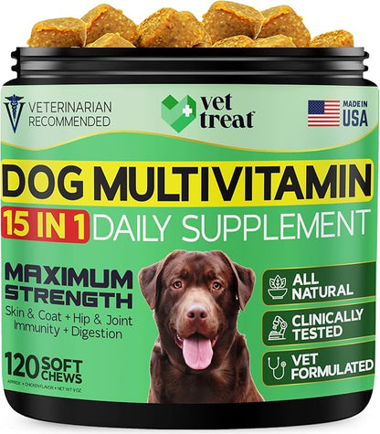 VET TREAT Dog Multivitamin Chewable with Glucosamine & Salmon Oil – Made USA – Puppy & Senior Supplement – 120 Chews– Daily Wellness Support for Joints, Immune System, Skin & Coat, Heart & Digestion