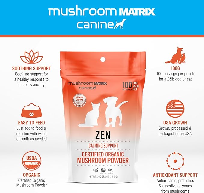 Om Mushroom Matrix Pet - Canine | Zen Matrix Mushroom Blend | USA Grown Human-Grade Organic Mushroom Powder Pet Supplement | Calming Soothing Support for Dogs & Cats | 100 Grams, 3.5 oz