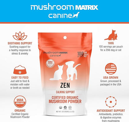 Om Mushroom Matrix Pet - Canine | Zen Matrix Mushroom Blend | USA Grown Human-Grade Organic Mushroom Powder Pet Supplement | Calming Soothing Support for Dogs & Cats | 100 Grams, 3.5 oz