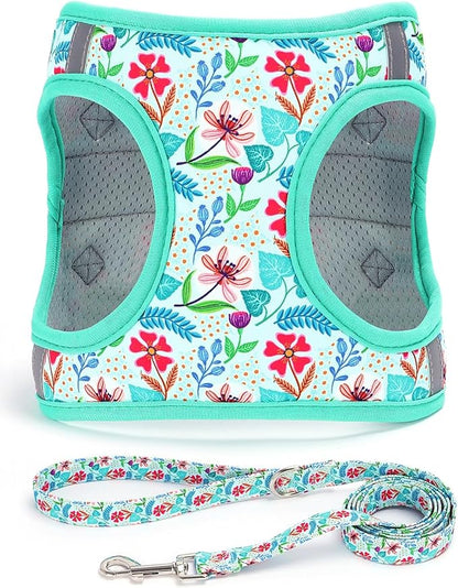 Moonpet Step in Dog Harness Leash Set- All Weather Reflective No-Pull Floral Pattern Padded Mesh Vest Harness for Cats Puppy Extra-Small Small Medium Large Dogs - Verdure Flower - L