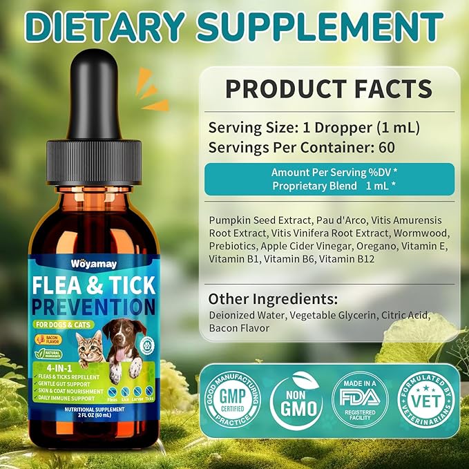 Woyamay 4-IN-1 Flea and Tick Prevention Drops for Dogs and Cats, Natural Cat & Dog Flea and Tick Treatment, Supports Flea Defense, Gut Health, Skin & Coat Nourishment, and Immune Support, Bacon Flavor