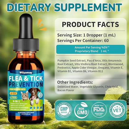 Woyamay 4-IN-1 Flea and Tick Prevention Drops for Dogs and Cats, Natural Cat & Dog Flea and Tick Treatment, Supports Flea Defense, Gut Health, Skin & Coat Nourishment, and Immune Support, Bacon Flavor