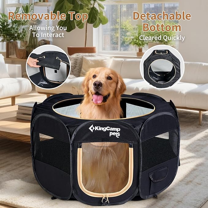 KingCamp Dog Playpen, Portable Foldable Cat Kitten Puppy Tent Crates 29"/36"/50" Pop Up Pet Playpen with Zippered Bottom & Cover for Indoor Outdoor Use (Medium, Black)