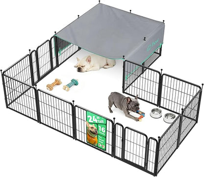 FXW Rollick Unleashed Dog Playpen for Indoor, Yard, RV Camping, 24 inch 16 Panels Dog Pen with Sun Shade for Small and Puppy Dogs, Black│Patented