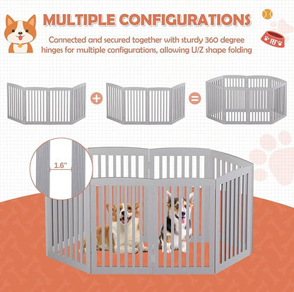 Dog Gate Pet Gate for House, Stairs, Hallways, Doorways 82x24 Inch 4 Panels Foldable Dog Fence for Indoor Extra Wide Wooden Grey