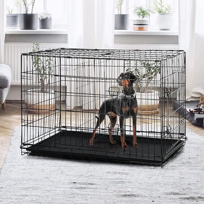 Dopinmin Large Dog Crate 42 Inches Double Door Pet Crate Folding Metal Wire Dog Cage with Divider Panel Leak-Proof Plastic Pan Indoor Outdoor Pet Crates for Medium and Large Breed Pet Animals Black