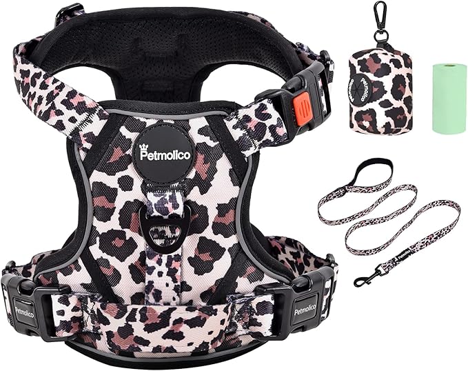 Petmolico No Pull Dog Harness Set with Leash Attachment Easy Control Handle Reflective Harness Vest Small Breed, Puppy Vest and Leash Set with Poop Bag Holder, Large - Leopard