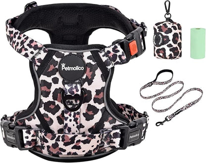 Petmolico No Pull Dog Harness Set with Leash Attachment Easy Control Handle Reflective Harness Vest Small Breed, Puppy Vest and Leash Set with Poop Bag Holder, Large - Leopard