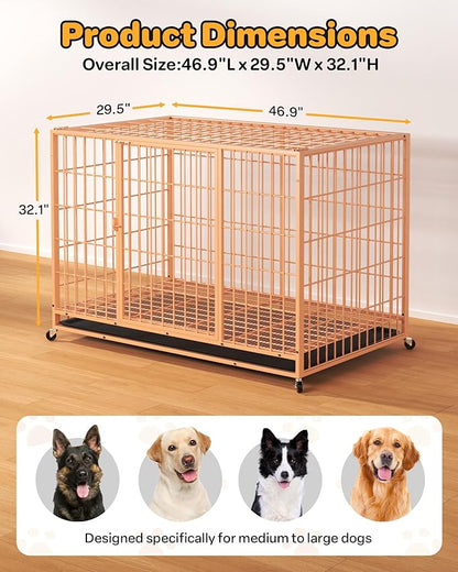 HIWOKK 48 Inch Large Dog Crate, Escape Proof Dog Cage with Dual Door Lock and Swivel Casters,Removable Tray for Easy Cleaning, Dog Kennel Indoor Outdoor Use