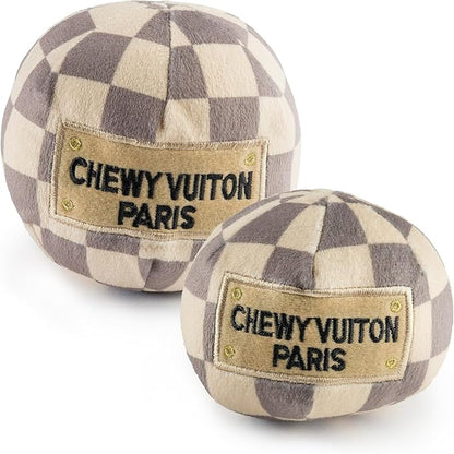 Haute Diggity Dog Chewy Vuiton Ball Plush Squeaky Dog Toy, Soft Durable Designer-Inspired Stuffed Puppy Chew Toys for Small & Medium Dogs, Machine-Washable (Tan Checker) Small
