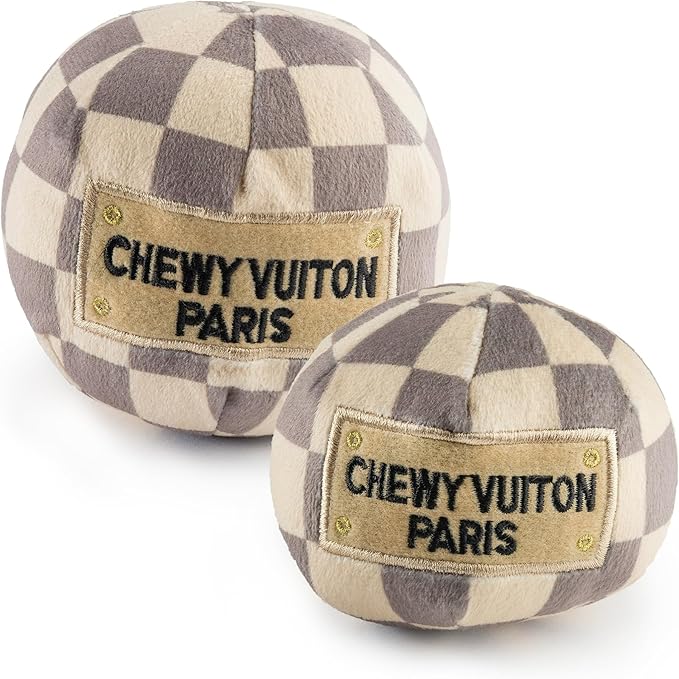 Haute Diggity Dog Chewy Vuiton Ball Plush Squeaky Dog Toy, Soft Durable Designer-Inspired Stuffed Puppy Chew Toys for Small & Medium Dogs, Machine-Washable (Tan Checker) Large