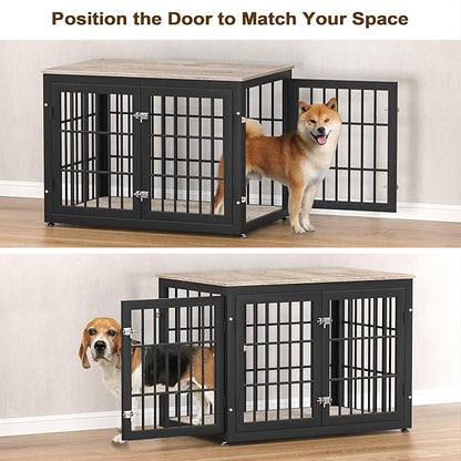 rehomerance 38 Inch Heavy Duty Dog Crate Furniture for Large and Medium Dogs, Decorative Pet House End Table, Wooden Cage Kennel Furniture Indoor, Grey