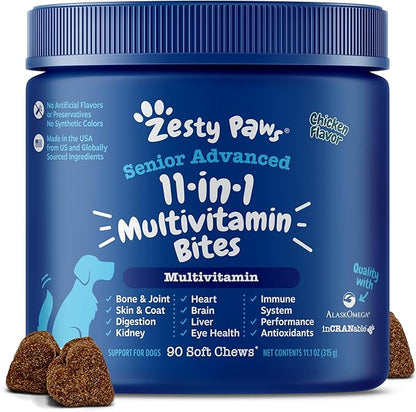 Zesty Paws Senior Dog Multivitamin Treats - Glucosamine for Dogs + Digestive Enzymes & Probiotics - Grain Free Dog Vitamins and Supplements for Skin & Coat + Immune Health Chicken - Advanced - 90ct