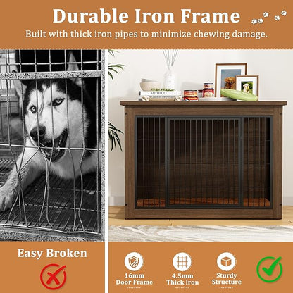 Greesum Modern Dog Crate Furniture That Doubles as a Side Table - Sturdy Wooden Kennel with Double Door Design, Equipped with Soft Cushion & Chew-Resistant Resign, Suitable for Dogs