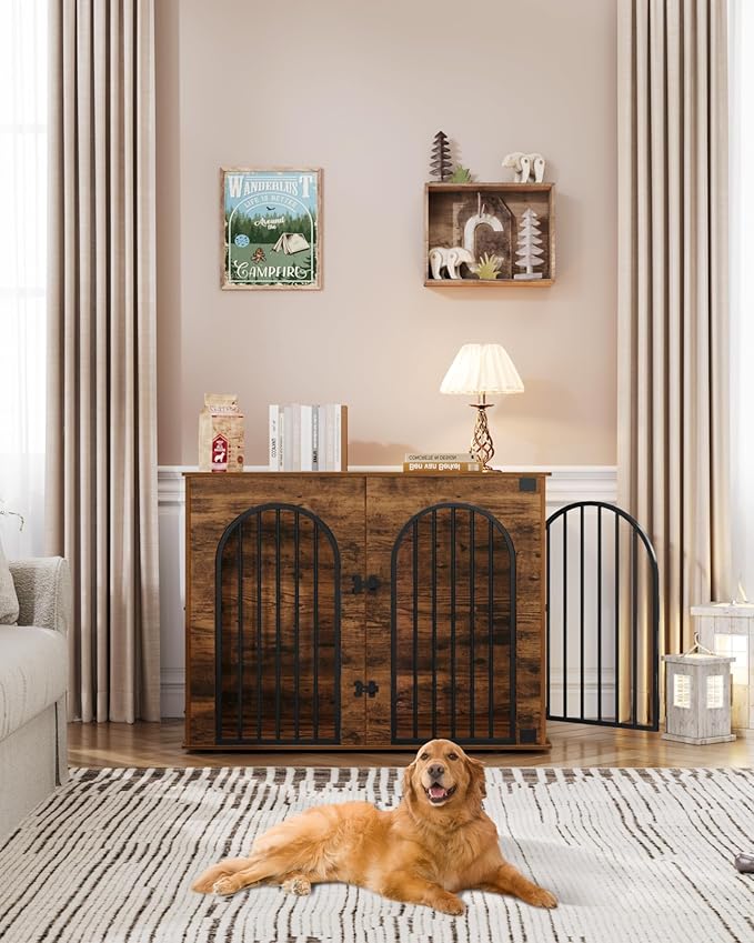 Hzuaneri 44.1" Wooden Dog Crate Furniture, Indoor Dog Kennel Dogs Cage for Small/Medium/Large Dogs, Heavy Duty Dog Crates Decorative Pet House End Side Table TV Stand, Rustic Brown DFC83901B