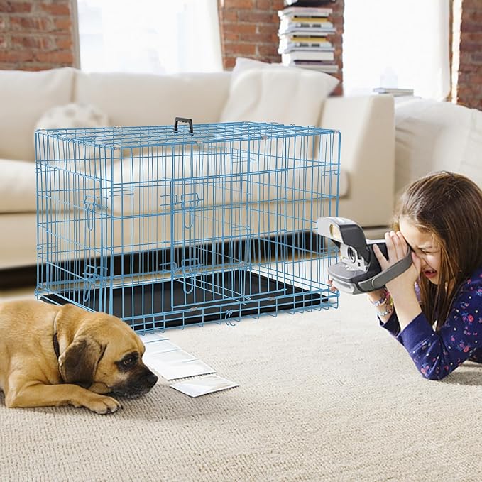 Dog Crate Dog Kennel Cage for Small Dogs, 24" Portable Foldable Indoor Outdoor Large Double Door Wire Metal Puppy Cat Pet Dog Cage with ABS Tray LC & Divider, Blue