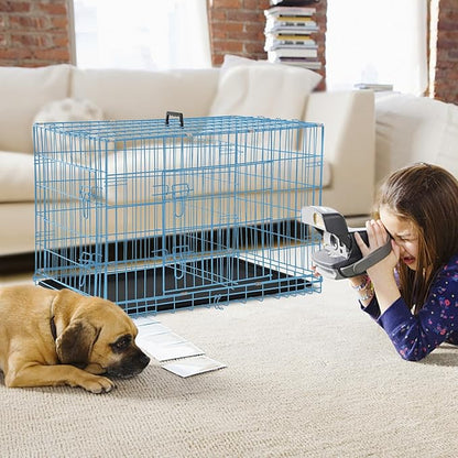 Dog Crate Dog Kennel Cage for Small Dogs, 24" Portable Foldable Indoor Outdoor Large Double Door Wire Metal Puppy Cat Pet Dog Cage with ABS Tray LC & Divider, Blue