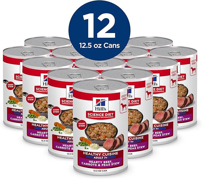 Hill's Science Diet Adult 7+ Healthy Cuisine Wet Dog Food, Hearty Beef, Carrots & Peas Stew, 12.5 oz. Cans, 12-Pack