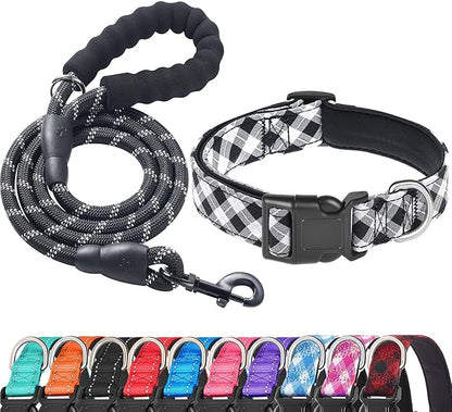 Ladoogo Reflective Dog Collar Padded with Soft Neoprene Breathable Adjustable Nylon Dog Collars for Small Medium Large Dogs (X-Small (Pack of 1), Black Plaid Collar+Leash)