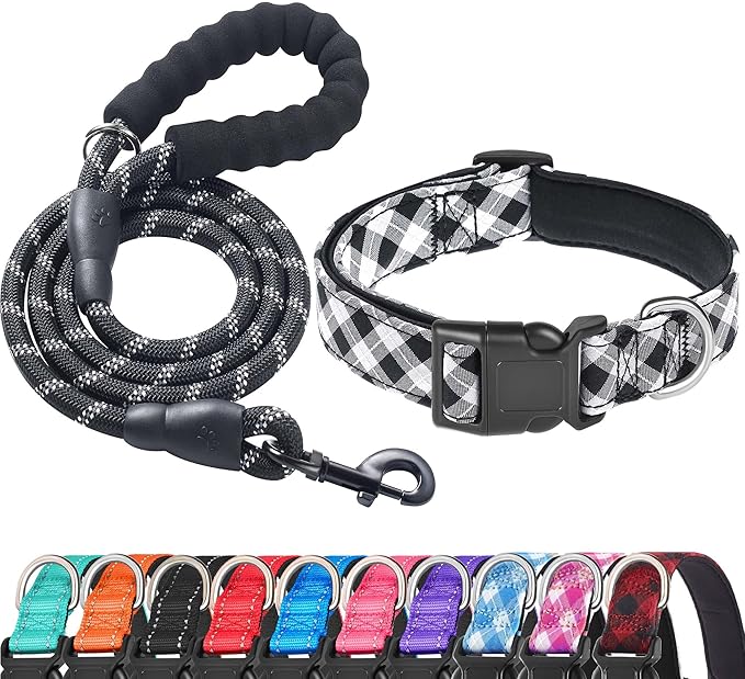 Ladoogo Reflective Dog Collar Padded with Soft Neoprene Breathable Adjustable Nylon Dog Collars for Small Medium Large Dogs (Small (Pack of 1), Black Plaid Collar+Leash)