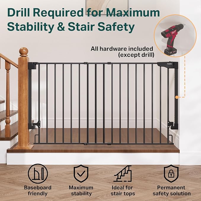 Cumbor 35.1–55" No Bottom Bar Baby Gate for Stairs, 2-in-1 Auto Close Dog Gate Indoor, Hardware Mounted Wide Pet Gate for Doorways with Large Walk Thru Door, Child-Proof Safety Gate for Kids (Black)