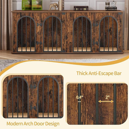 Hzuaneri 63" Dog Crate Furniture for 2 Dogs, Heavy Duty Indoor Dog Kennel TV Stand, L Wooden Dog Cage with Divider for Medium Large Dogs, End Table Dog Crate with Cushion, Rustic Brown DFC80901B