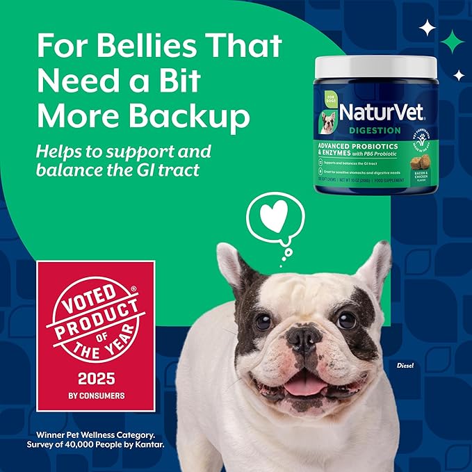 NaturVet Advanced Probiotics & Enzymes, PB6 Dog Soft Chews to Help Sensitive Stomachs and Digestive Issues, Hickory Smoked Bacon Flavored Pet Supplement for Dogs Over 6 Weeks, 120 Count Jar