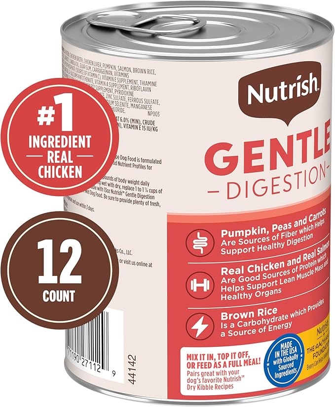 Nutrish Gentle Digestion Premium Paté Wet Dog Food,Real Chicken,Pumpkin & Salmon Recipe,13 oz. Can,(Rachael Ray),(Pack of 24)