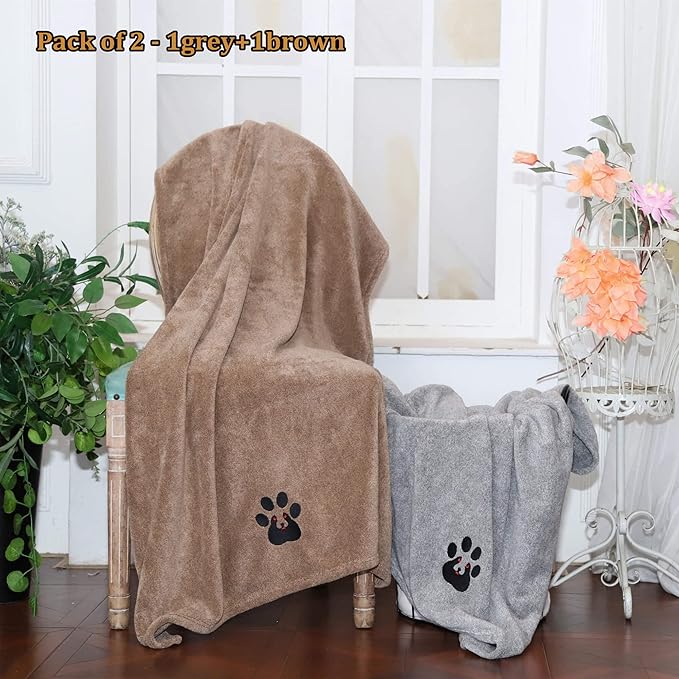 Dogvingpk Extra Large Dog Towel - Pack of 2 - Super Absorbent Soft Microfiber Pet Bath Grooming Towels for Drying Dogs and Other Pets (XL-55" * 36", Grey and Brown)