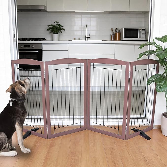 ZJSF Freestanding Dog Fence Indoor, Foldable Dog Gate for Doorways, Stairs or Hallways, Sturdy Wood Extra Wide Pet Gate with Support Feet for The House, Brown, 32 "Height-4 Panels