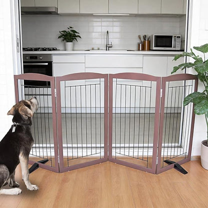 ZJSF Freestanding Dog Fence Indoor, Foldable Dog Gate for Doorways, Stairs or Hallways, Sturdy Wood Extra Wide Pet Gate with Support Feet for The House, Brown, 32 "Height-4 Panels