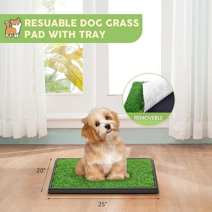 Dog Grass Pad with Tray, 25" x 20" Indoor Artificial Grass Pee Pad for Puppy Potty Training, Portable Dog Toilet Pet Loo, 3-Layer System