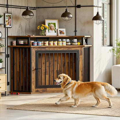IRONCK Corner Wooden Dog Crate Furniture with 2-Tier Shelves, Pet Kennel for Large Dogs, Space-Saving Dog Cage for TV Stand, Rustic Brown (26.7" L x 51.2" W x 33.5" H)