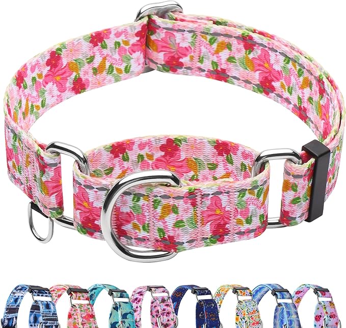Reflective Martingale Collar for Dogs Nylon Training Collar with No Buckle Cute Floral No Pull Dog Collar for Medium Dogs（Pink Flower，M）