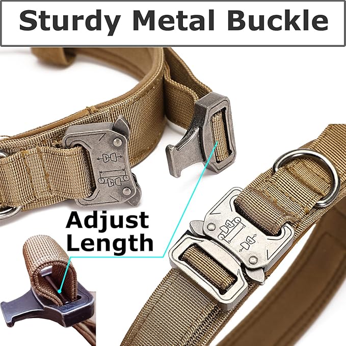 Dog Tactical Collar Military Dog Training Collar Control Handle and Heavy Metal Buckle for Medimum Large Dog Training Behavior Aids Brown L