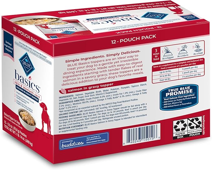Blue Buffalo Basics Skin & Stomach Care Natural Wet Dog Food Topper, Salmon in Gravy 2.5oz Pouch (12 Pack)