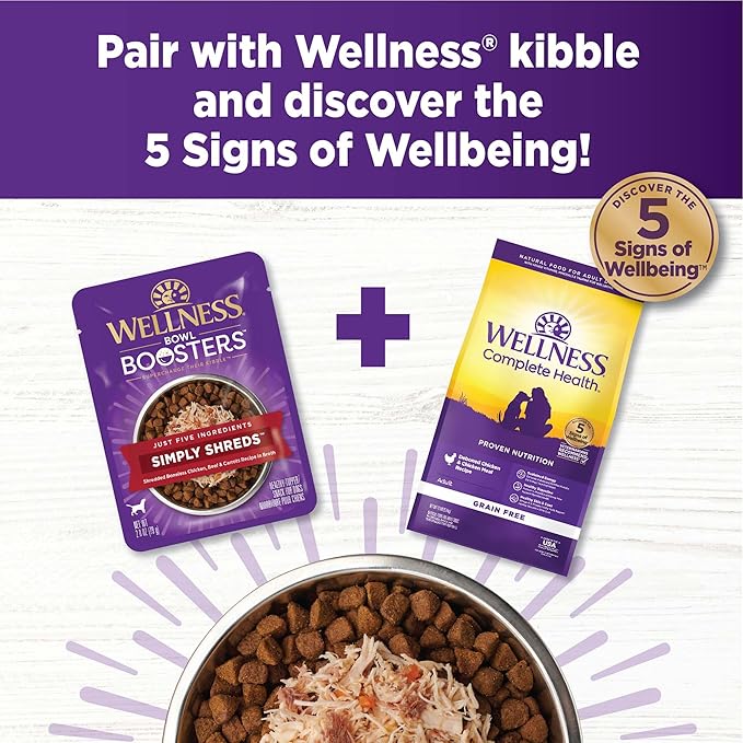 Wellness Bowl Boosters Simply Shreds Wet Dog Food Topper for Small,Medium,& Large Breeds,Grain Free,Natural,Chicken Liver & Broccoli,2.8 Ounce Pouch,(Pack of 24)