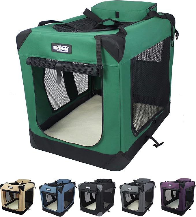 EliteField 3-Door Folding Soft Dog Crate with Carrying Bag and Fleece Bed (2 Year Warranty), Indoor & Outdoor Pet Home (30" L x 21" W x 24" H, Green)